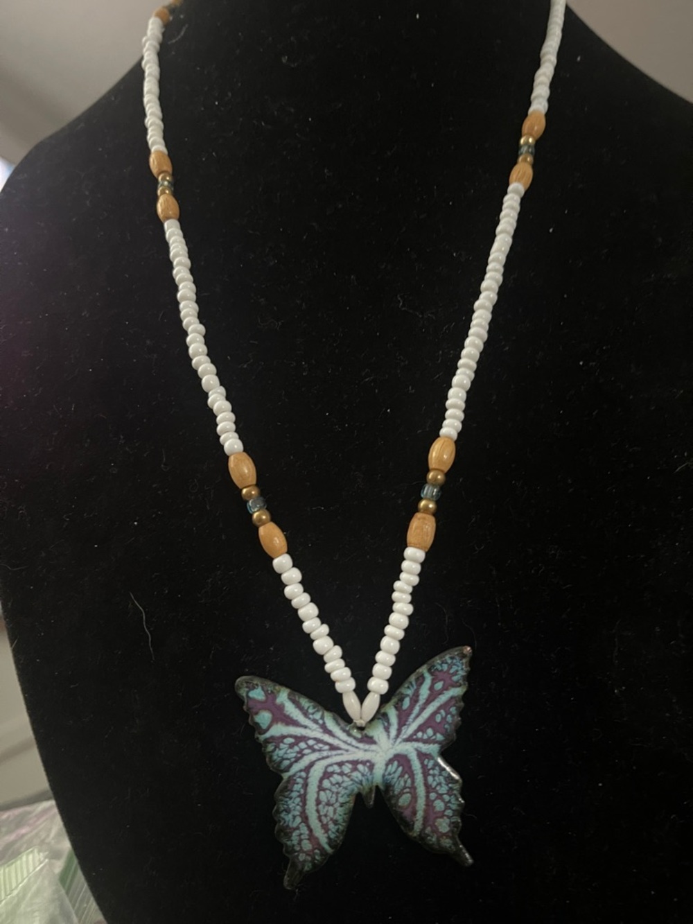Bohemian White Beaded Butterfly Pendant Necklace